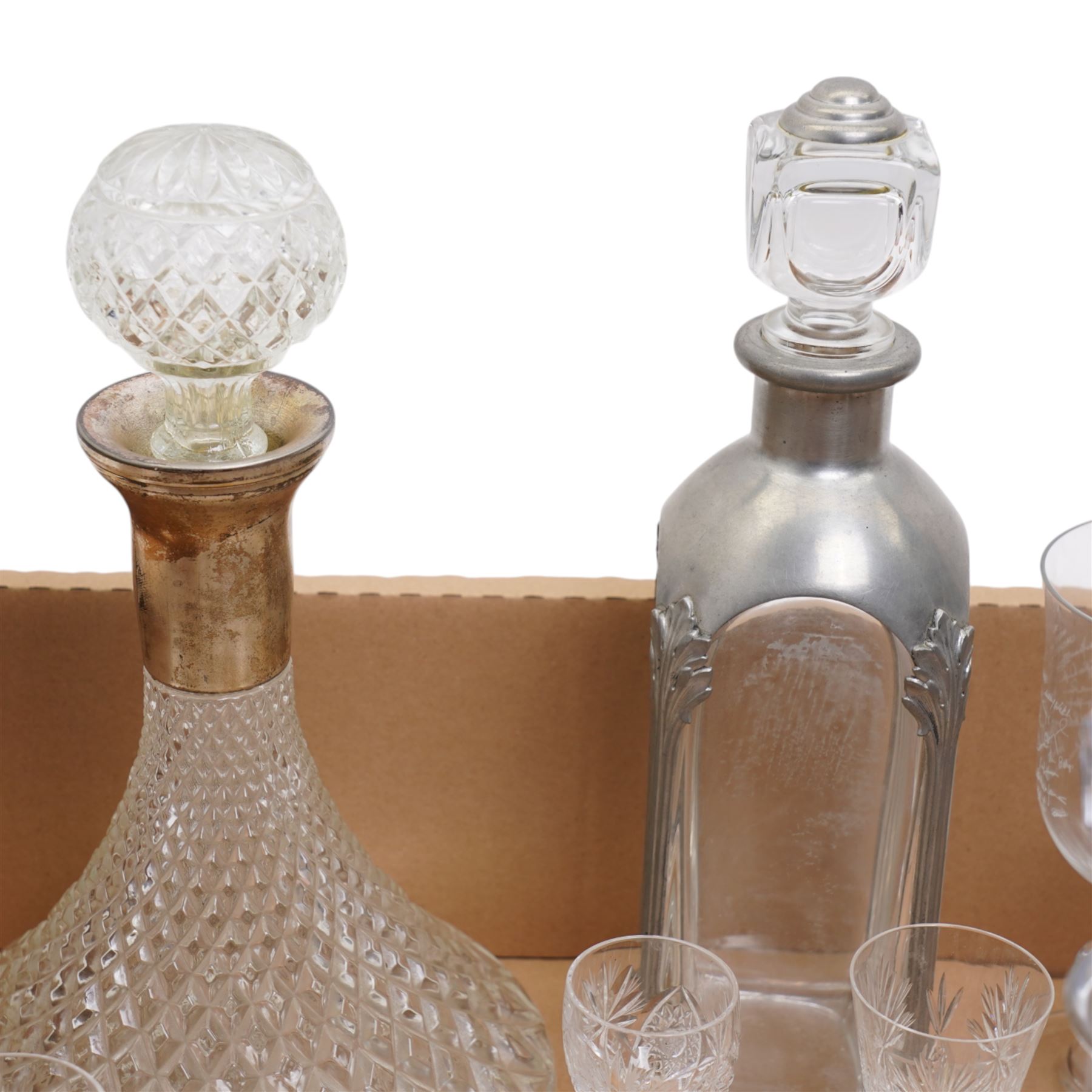 Five Cornhill Insurance Cricket Test Series commemorative glasses with etched signatures 1987-1991, two ships decanters and other glass