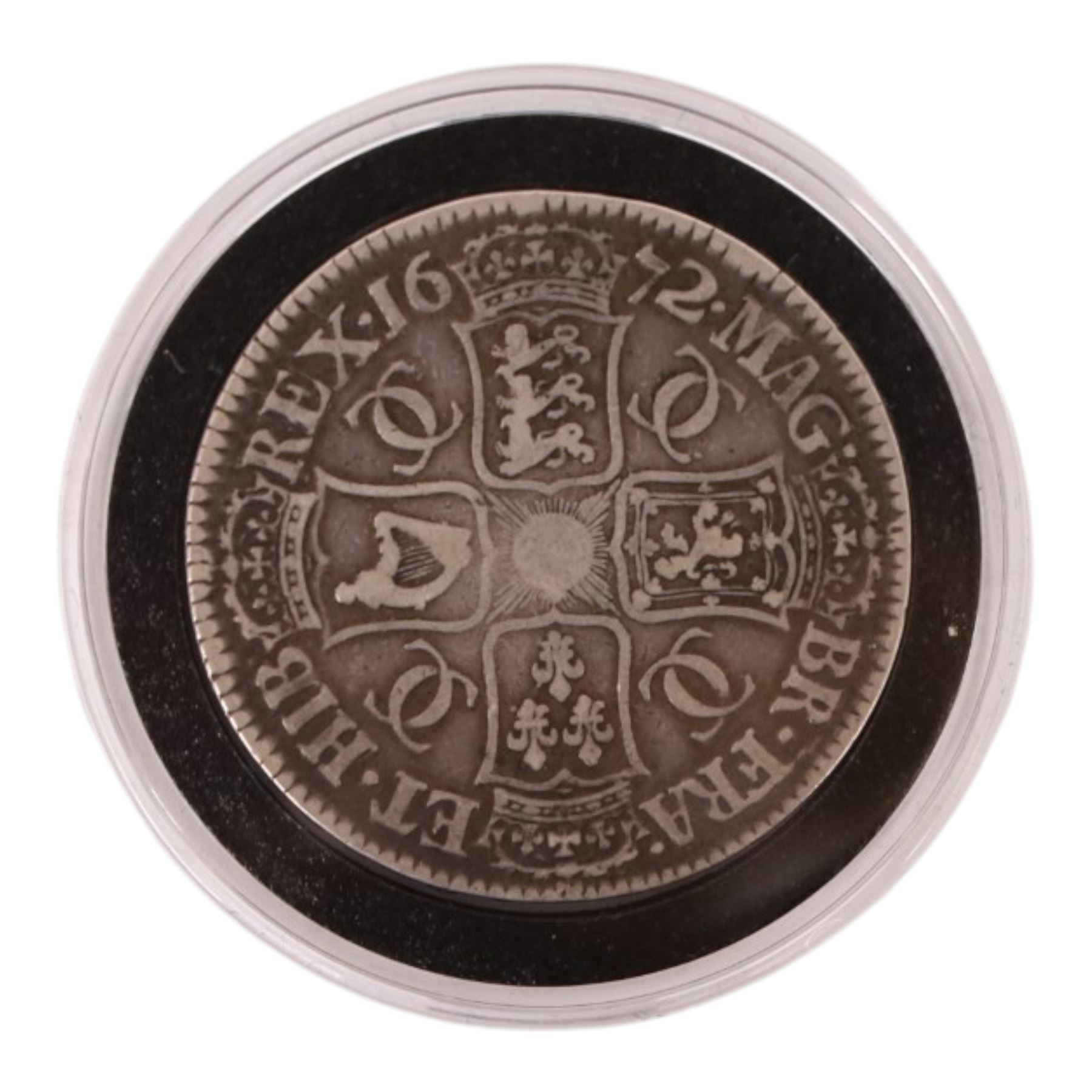 Charles II 1672 silver one crown coin, in Hattons of London case