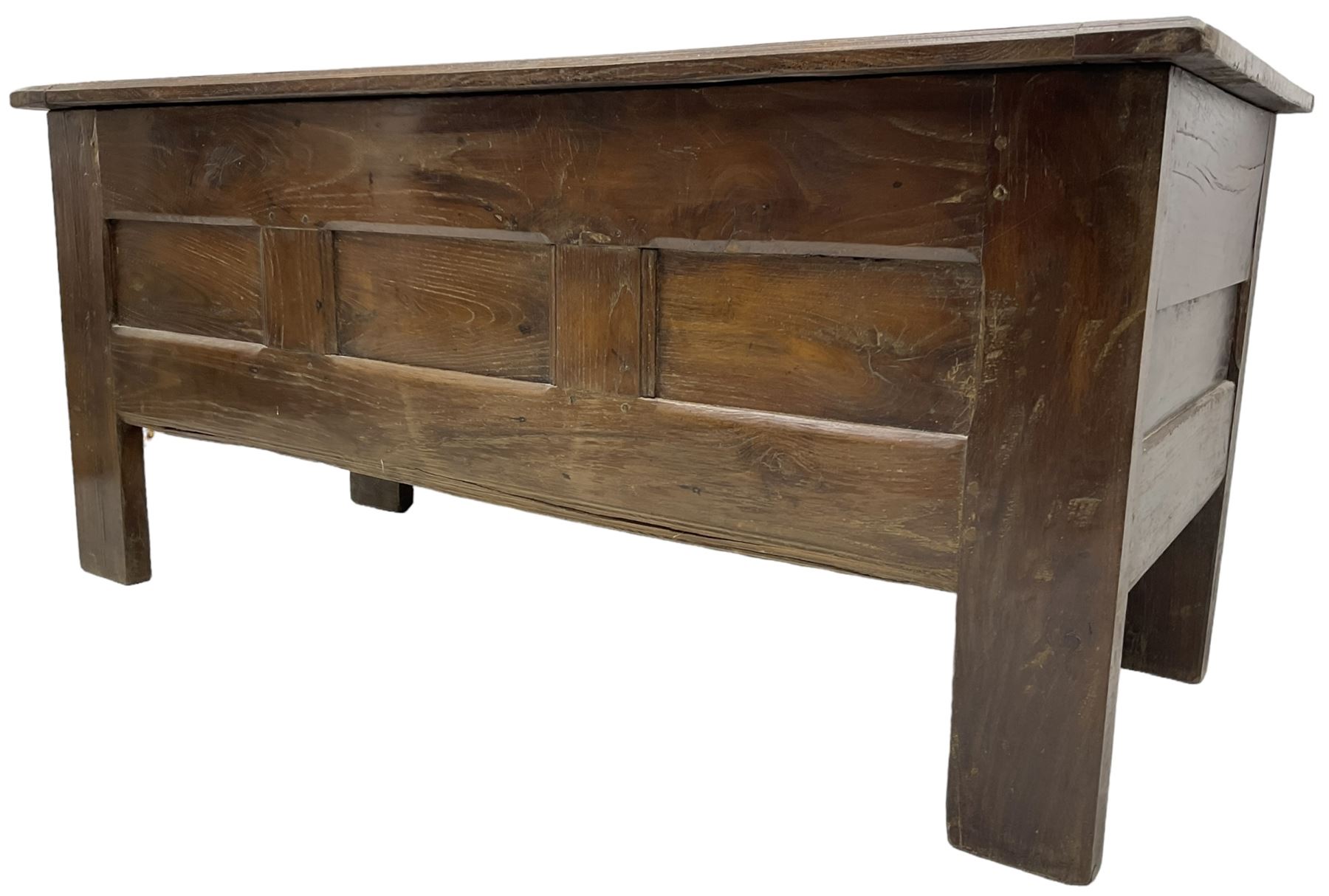 Large 18th century oak coffer or chest, rectangular hinged top with moulded edge, over panelled sides with moulded rails, raised on stile supports