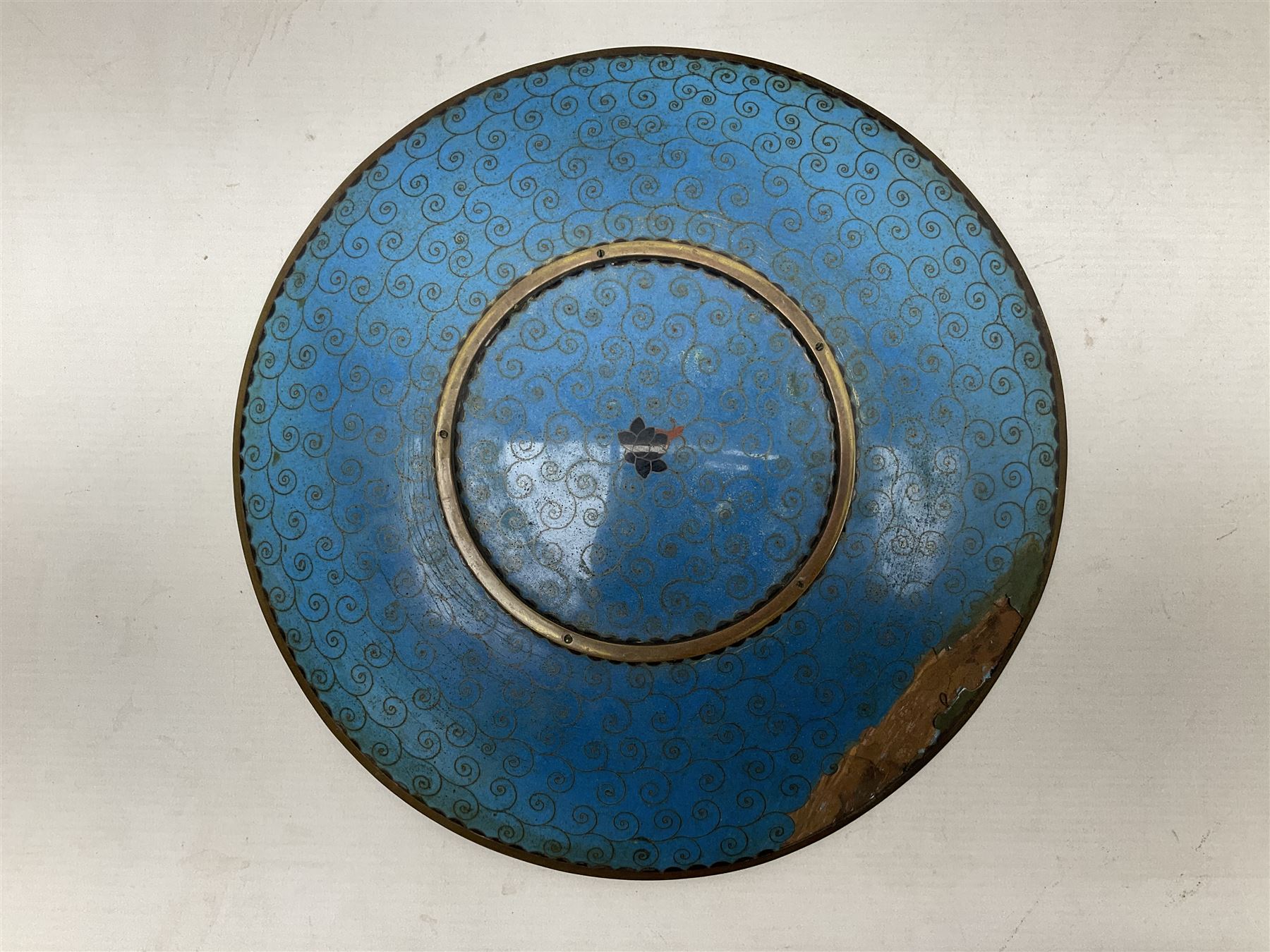 Cloisonné plate decorated with birds and flowers, together with a pair of Cloisonné vases of baluster form 