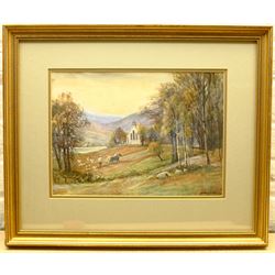 Sam Garratt (British 1864-1946): Ploughing Beside a Church, watercolour signed 26cm x 36cm