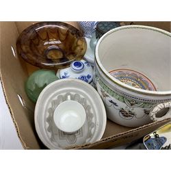 Quantity of ceramics, glassware and treen to include jardinieres, blue and white ceramics, teawares, plates etc in two boxes