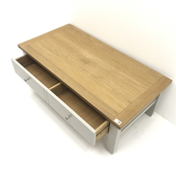 Grey and oak finish coffee table, two drawers, shaped stile supports, W111cm, H41cm, D56cm