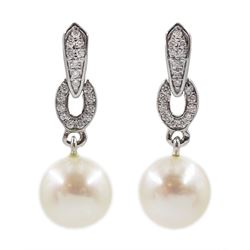 Pair of 9ct white gold pearl and diamond pendant earrings, stamped 375