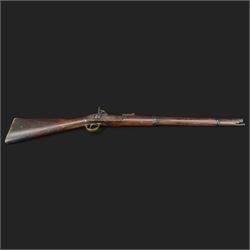 Two-Band short service musket, the L66cm barrel with sold out of service marks and indistinct marks, with ram rod beneath, the lock marked with crowned and Windsor 1855, overall L108cm
Sold as an exempt item under Section 58 (2) of the 1968 Firearms Act, to be held as a curiosity or ornament