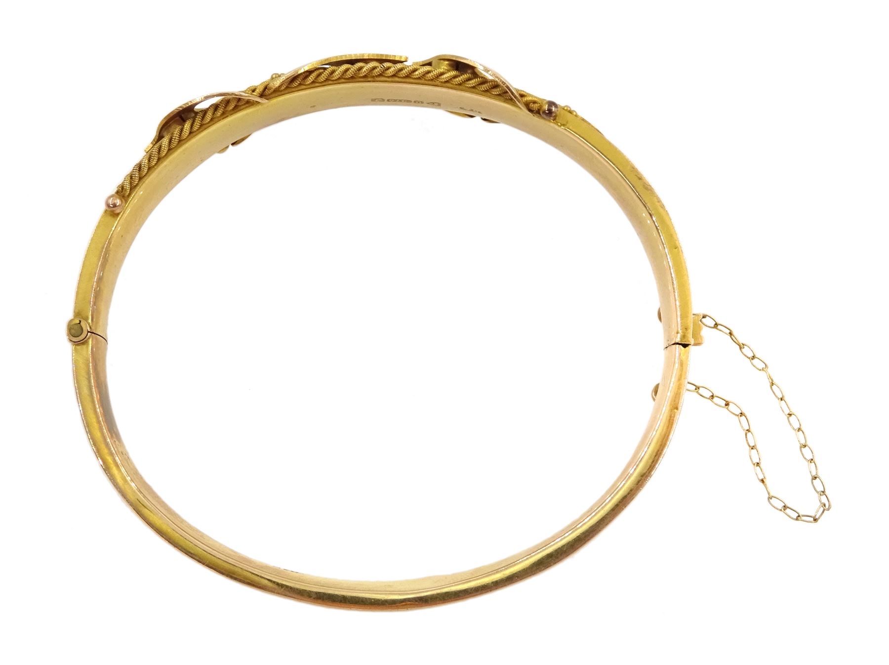 Edwardian 9ct gold blue stone and diamond chip hinged bangle, Chester 1909