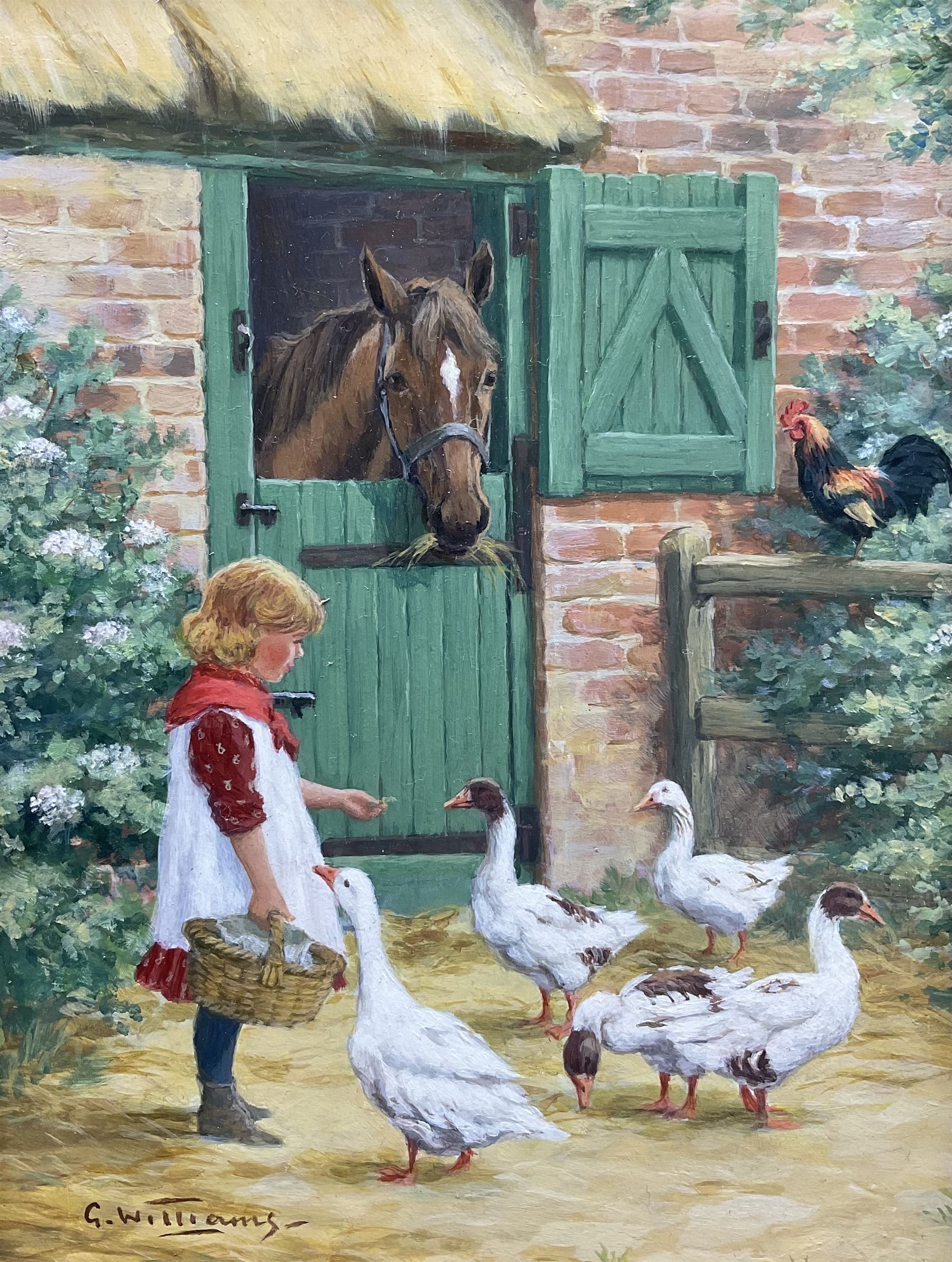 G Williams (British 20th Century): Girl Feeding Geese by a Stable, oil on board signed 20cm x 14cm 