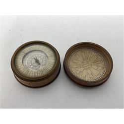 19th century pocket sundial compass pantochronometer, central sun dial pivoting with angled gnomon, within a broad enamelled band, listing world cities, paper calendar label to cover