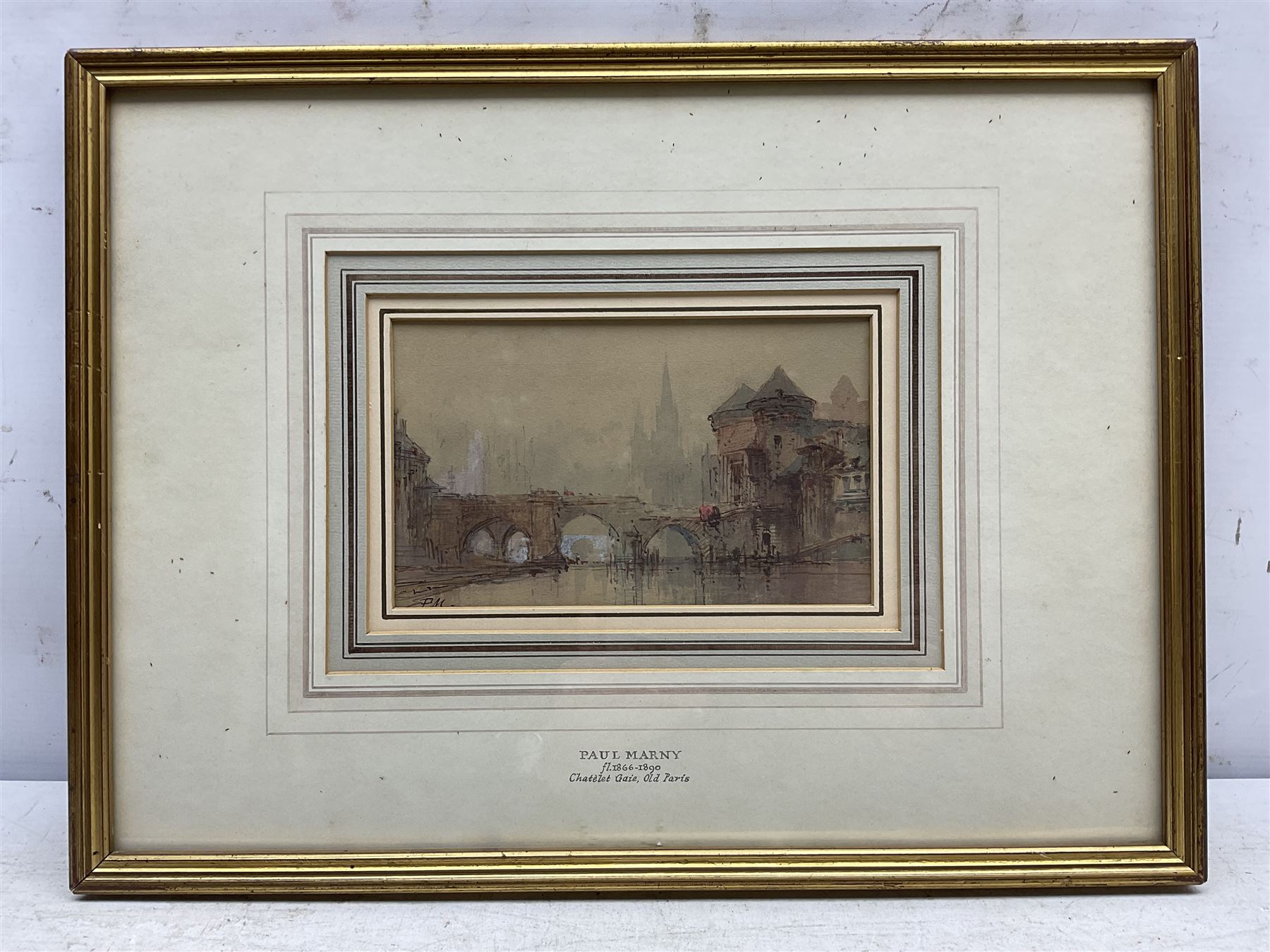 Paul Marny (French/British 1829-1914): 'Chatèlet Gaie and Pump St Michel - Old Paris', pair watercolours signed with initials, titled on the mounts 11.5cm x 19cm (2) 
Provenance: with Richard Hagen, Broadway, Worcestershire, label verso