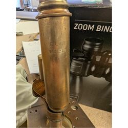 Two Services pocket watches, pair of Auriol Zoom binoculars 10-30 x 60, Sunagor Mini-Pocket binoculars, all boxed, Russian Baigish 8 x 30 binoculars, Oregon 4 binoculars, other binoculars, Prinz Galaxy lens and a Leitz Wetzlar microscope