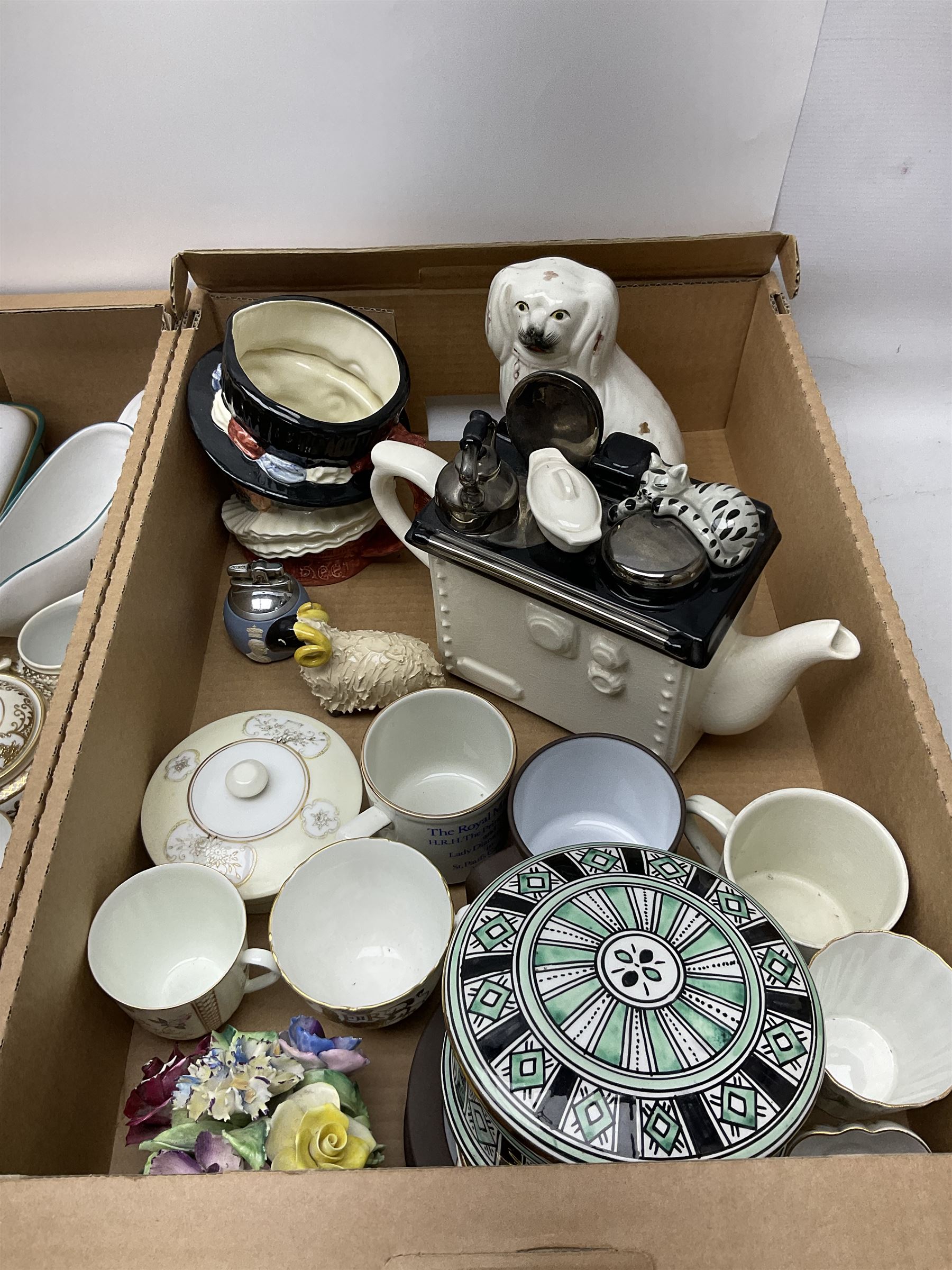Denby Greenwheat pattern dinner wares, together with Royal Doulton Tumbling Leaves pattern tea and dinner wares, Royal commemorative ceramics including Wedgwood Jasperware table lighter, pair of Victorian glass hand painted vases, large blue and white urn with lid, Noritake part tea set, Staffordshire style dog and other ceramics and collectables, in boxes