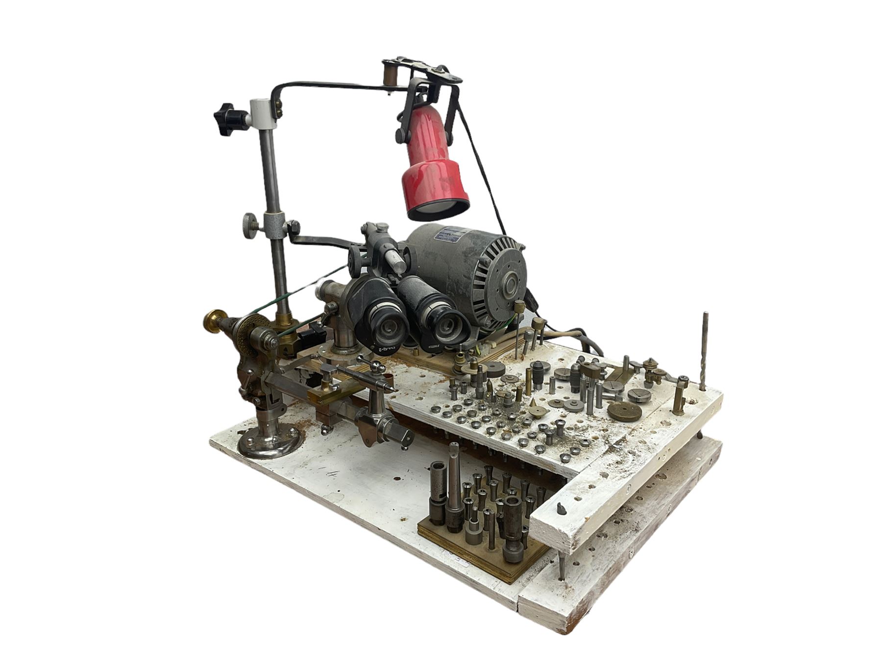 Boley watchmakers lathe with collet chuck, tool rest and tailstock, mounted on a wooden base with motor, lamp, binoculars, various collets and accessories including two dial gauges.