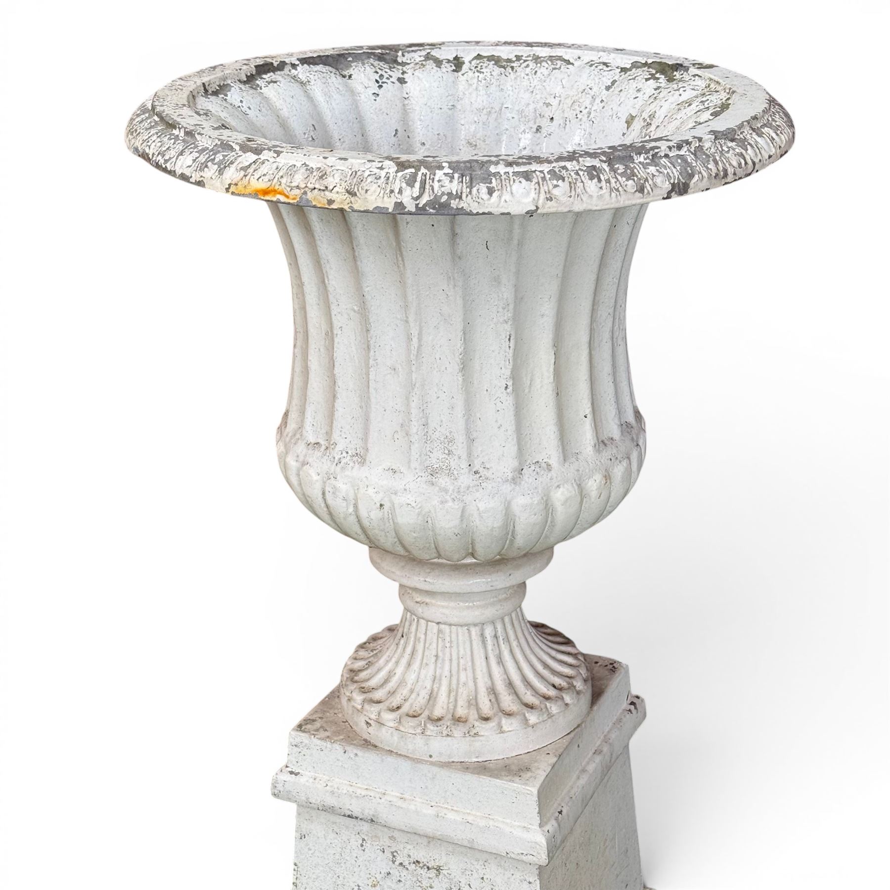 Victorian design white painted cast aluminium garden urn on plinth, fluted bowl on squat pedestal, tapering base