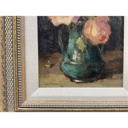 Owen Bowen (Staithes Group 1873-1967): Still Life of Roses, oil on panel signed 20.5cm x 13.5cm 