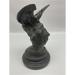 Bronze figure, modelled as an owl upon a rock, on stepped circular base, after Milo, H24.5cm