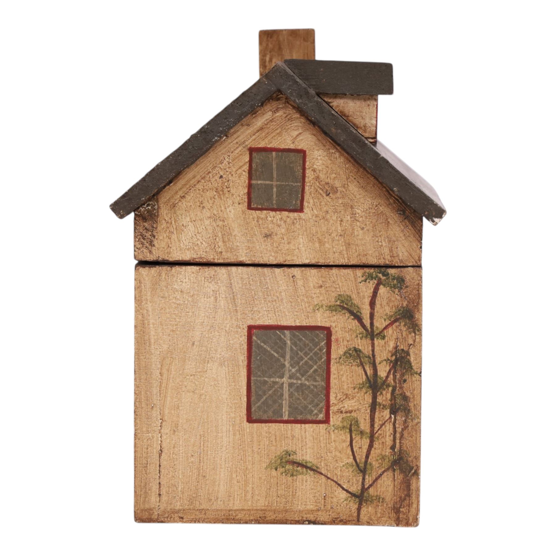 Wooden box in the form of a house, with hand painted details, H23cm