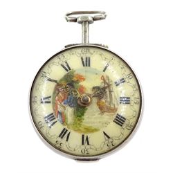 George III silver repousse pair cased verge fusee pocket watch by Samson, London,  No. 20384, square baluster pillars, the enamel polychrome dial depicting a sailor and sweetheart saying farewell, Roman hours and outer Arabic minute ring, inner case by James Richards, London 1793, the outer case depicting figures in an interior setting, with scroll borders interior scene makers mark T.P possibly Thomas Pepper