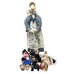 Large stuffed figure of Mother Goose, Ann Fuller designs Jack in the box and another with mother and baby, two Sheena Macleod Highland character dolls, Mole End tape measure, Peggy Nisbet Queen Elizabeth and others etc, tallest H85cm