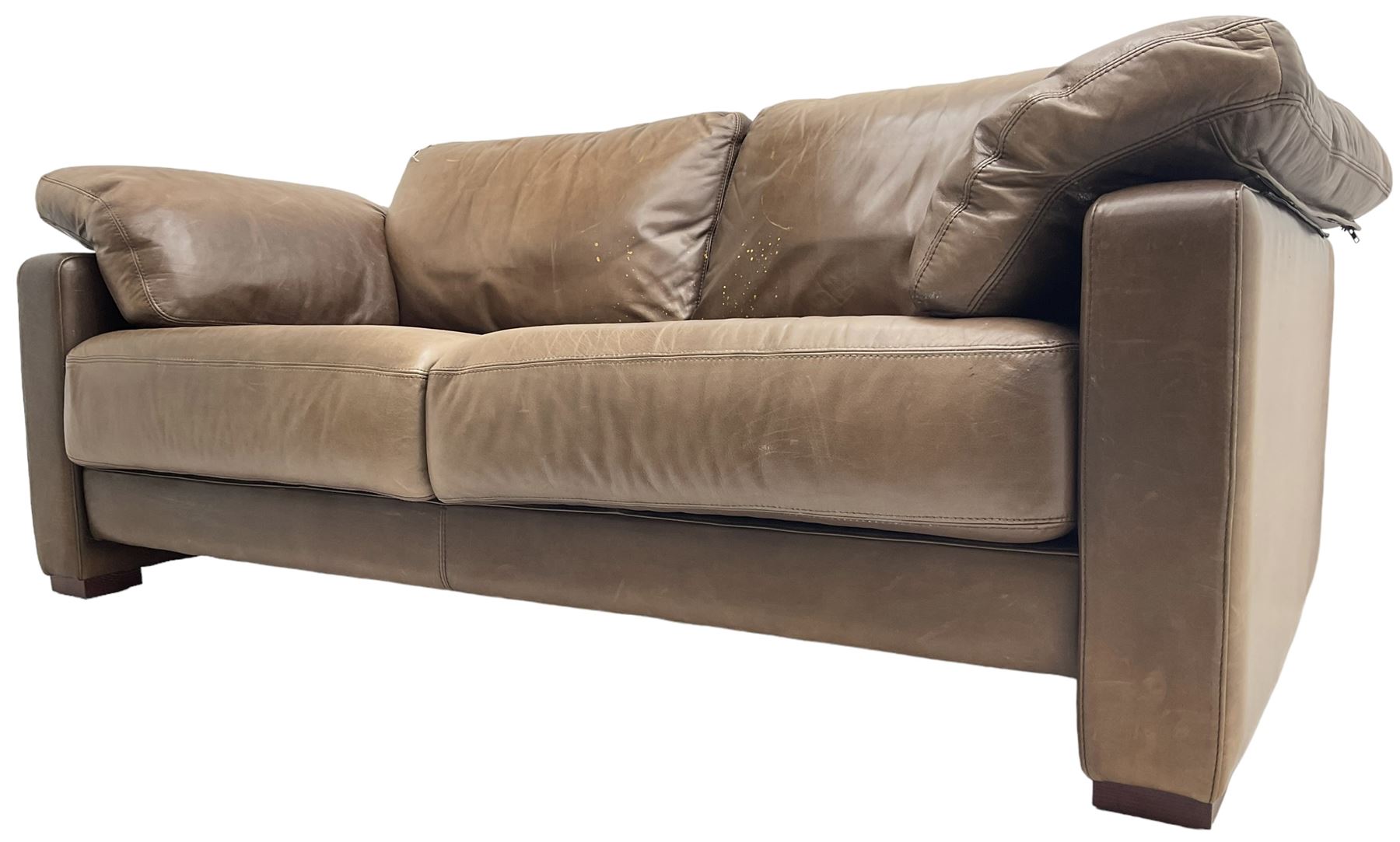 Heals - contemporary two seat 'Palermo' sofa, upholstered in chocolate brown leather, raised on wooden block feet