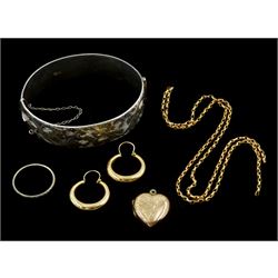 Pair of gold hoop earrings and gold chain, both 9ct, silver bangle Georg Jensen, ring and gold-plated heart locket