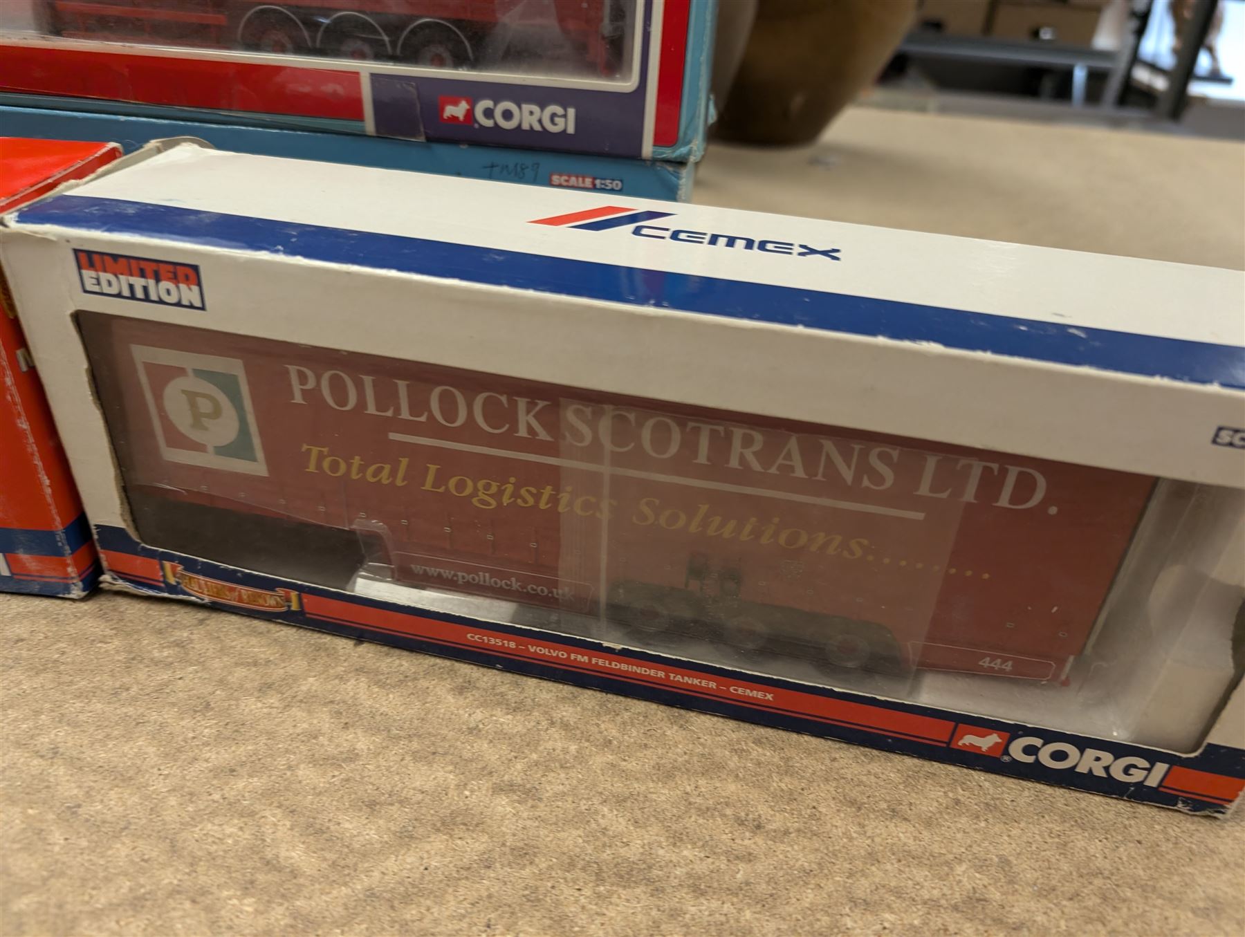 Five Corgi limited edition 1:50 scale lorries, comprising CC13608 M.Kettlewell DAF CF Bulk Tipper, C13518 Volvo FM Feldbinder Tanker, two CC18809 Mercedes Benz Actros Curtainside Pollock Scotrans Ltd and 75205 ERF EC Series Curtainside Pollock Scotrans Ltd, all boxed