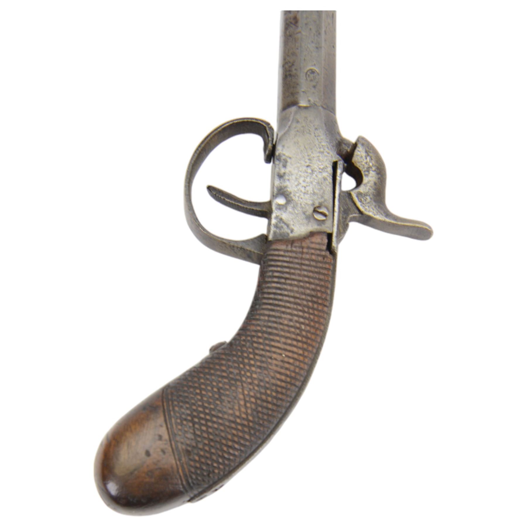 Late 19th century Belgian percussion boxlock pocket pistol, marked PM, with octagonal barrel and checkered wooden grip, L23cm
Sold as an exempt item under Section 58 (2) of the 1968 Firearms Act, to be held as a curiosity or ornament