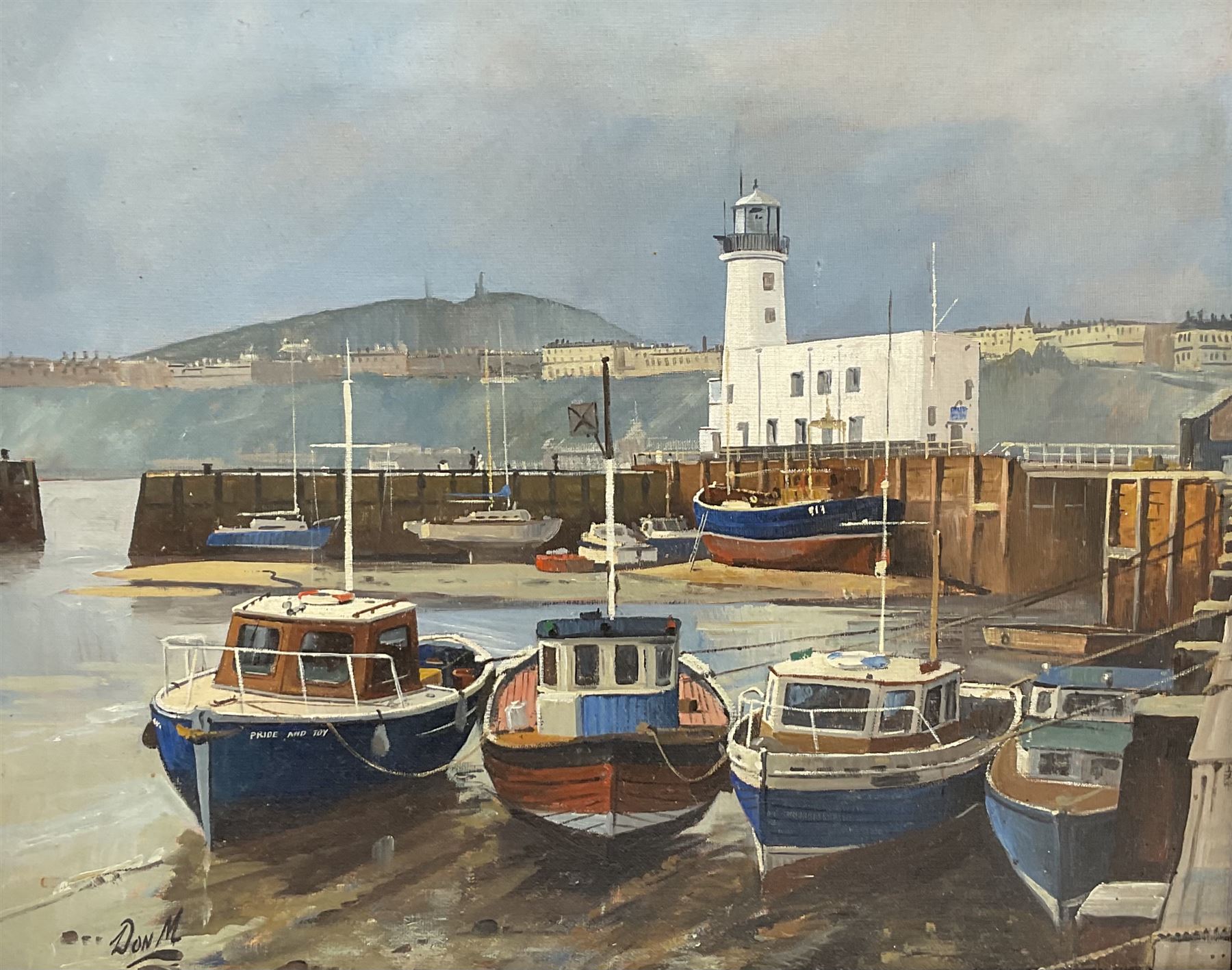 Don Micklethwaite (British 1936-): Scarborough Harbour with lighthouse, oil on board signed 39cm x 50cm
