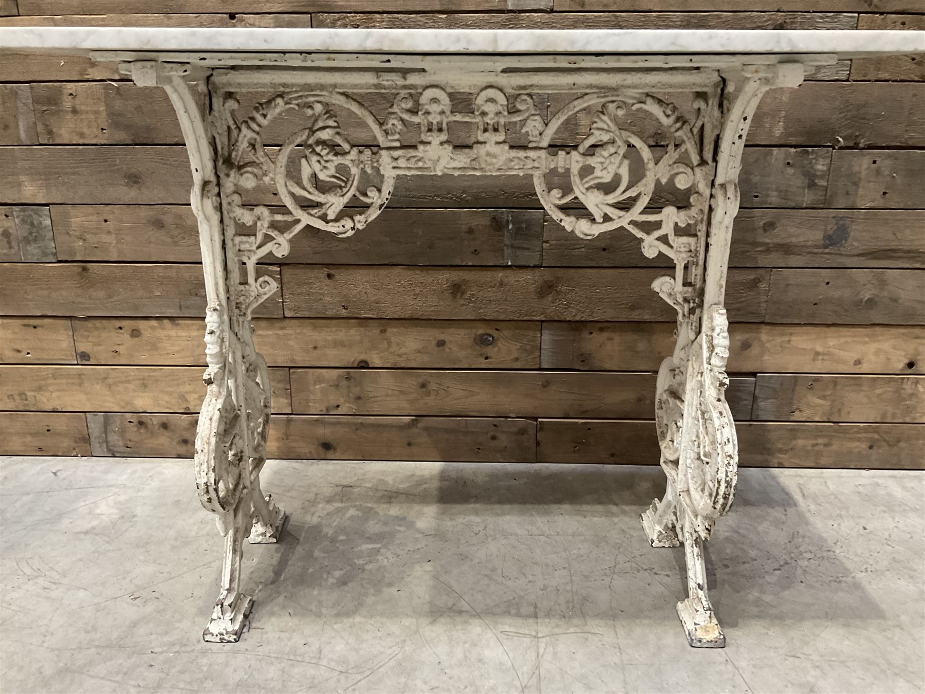 19th century Coalbrookdale design cast iron garden table, with rectangular marble top