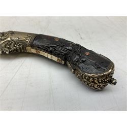 19th century Singhalese knife pia kaetta, the 20cm steel blade inset with yellow and white metal, with metal mounted carved pistol grip, in plain wooden scabbard L33cm overall