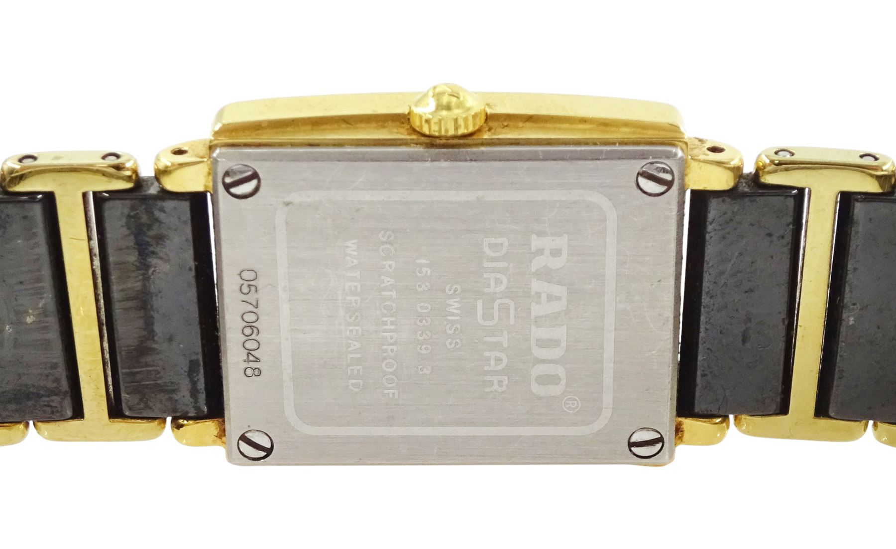 Rado DiaStar jubilé ladies ceramic quartz wristwatch, Ref. 153.0339.3, black dial with diamond dot hour markers and diamond bezel, on integral bracelet, boxed 