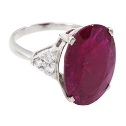 18ct white gold oval cut ruby and round brilliant cut diamond ring, ruby approx 8.60 carat