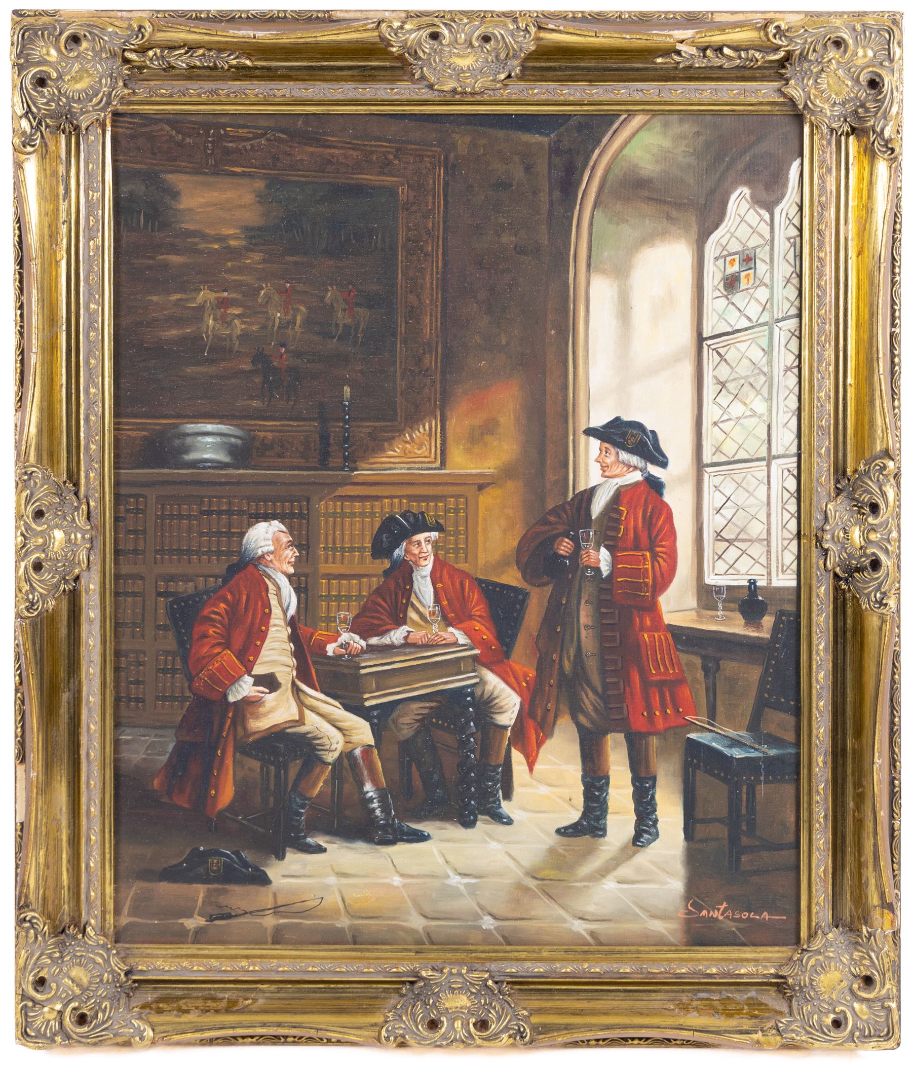 Continental School (20th Century): Three Gentleman in an Interior, oil on canvas signed 'Santasola' 60cm x 49cm