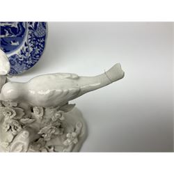 Royal Crown Derby Brocade pattern jug and sugar bowl, together with a similar gilt floral pattern bowl, three graduating Staffordshire style pearlware cottage jugs, Leeds Pottery model cottage and other ceramics and glassware, etc