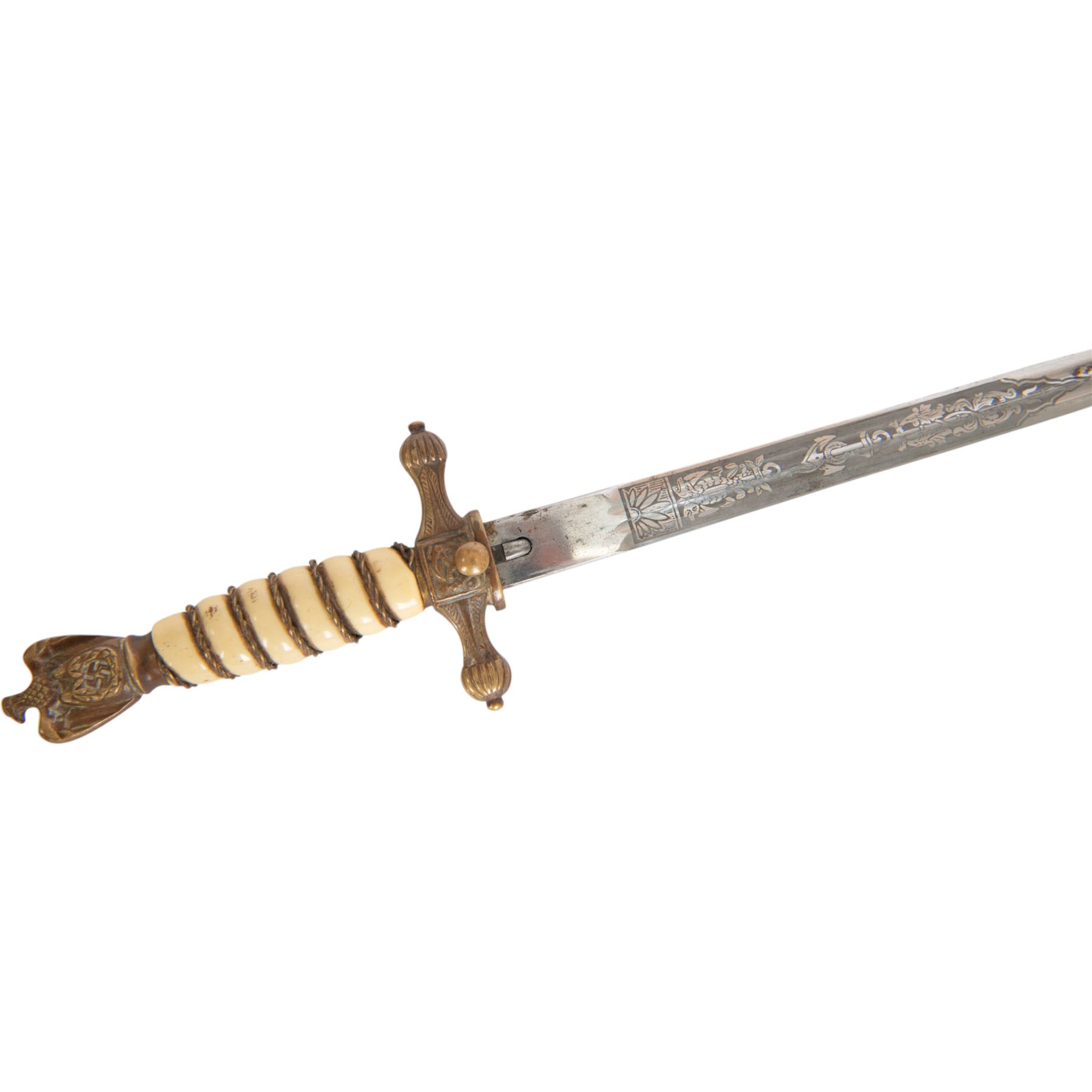 WWII German Third Reich Kriegsmarine naval dagger, with 24cm double edged blade engraved to both sides, the ricasso marked EuF Horster Solingen, 
with eagle pommel and wirebound ivorine celluloid handle, in brass engraved scabbard, overall L41cm