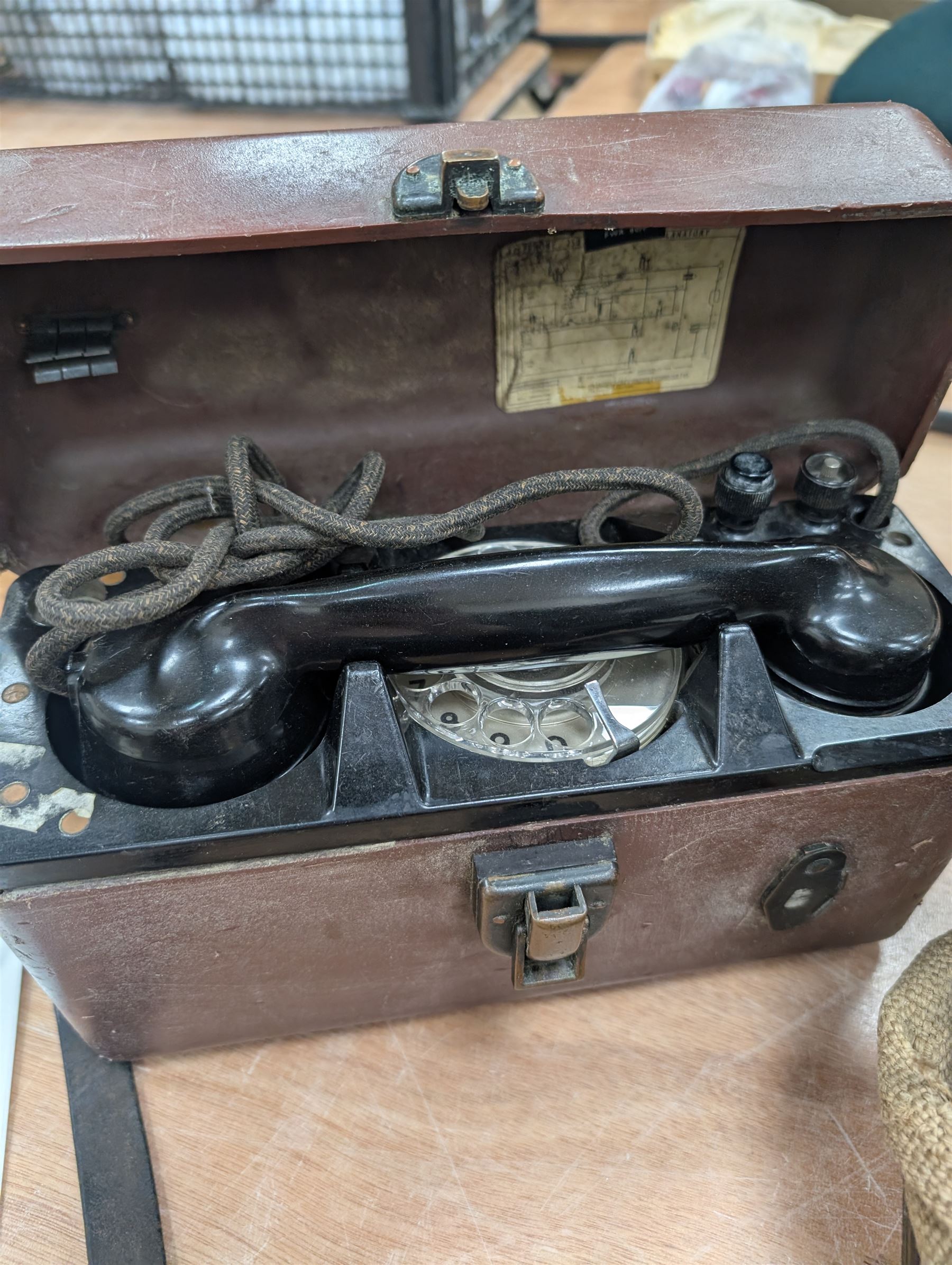 Azimuth Circle no. 1152, Sestrel Mark IIIA compass in wooden case and a field telephone