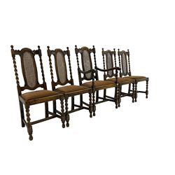 Set five early 20th oak barley twist dining chairs, spiral turned supports with oval cane-work backs, drop-in upholstered seats, on spiral turned supports joined by plain stretchers 