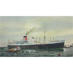 F Patterson (British 20th century): Uruguay Star Coming into Liverpool, watercolour signed 39cm x 68cm 