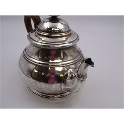 1930s silver teapot, of bulbous form, with wooden handle and finial, upon circular stepped foot, hallmarked Adie Brothers Ltd, Birmingham 1930, including handle H19cm