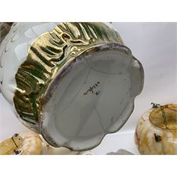 Two Art Deco mottled glass fly catcher ceiling light shades, together with two other 1930s moulded glass ceiling light shades and two Victorian style wash jugs, largest shade D33cm