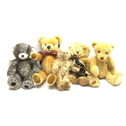Five Merry Thought teddy bears, comprising four limited edition examples 185/1000, 7/500, 350/10,000, and example with growler 122/1000, plus a musical wind up example, each with label to foot. 