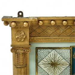 Regency period giltwood and verre-eglomise mirror, gilded frieze with trellis and ball design flanked by paterae and gilded beading beneath, above a large reverse painted glass panel depicting a monastic building between stylized diamond design with striations, gilded and hand-painted on glass flanked by Corinthian capitals above fluted columns between the original mirror plate above a stepped and beaded moulded base, circa 1815


Provenance: No. 1 Charlotte Square, New Town, Edinburgh.