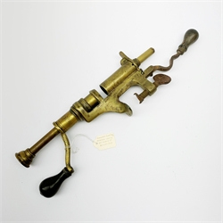 Two 19th century brass 12-bore cartridge making tools comprising bench mounting Bartram & Co Patent 'Nimrod' re-loader and J.C. Cocker Patent 5535 redecapper with turned wooden rammer (2)