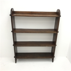 Early 20th century oak open bookcase, four pegged shelves, W104cm, H131cm, D23cm