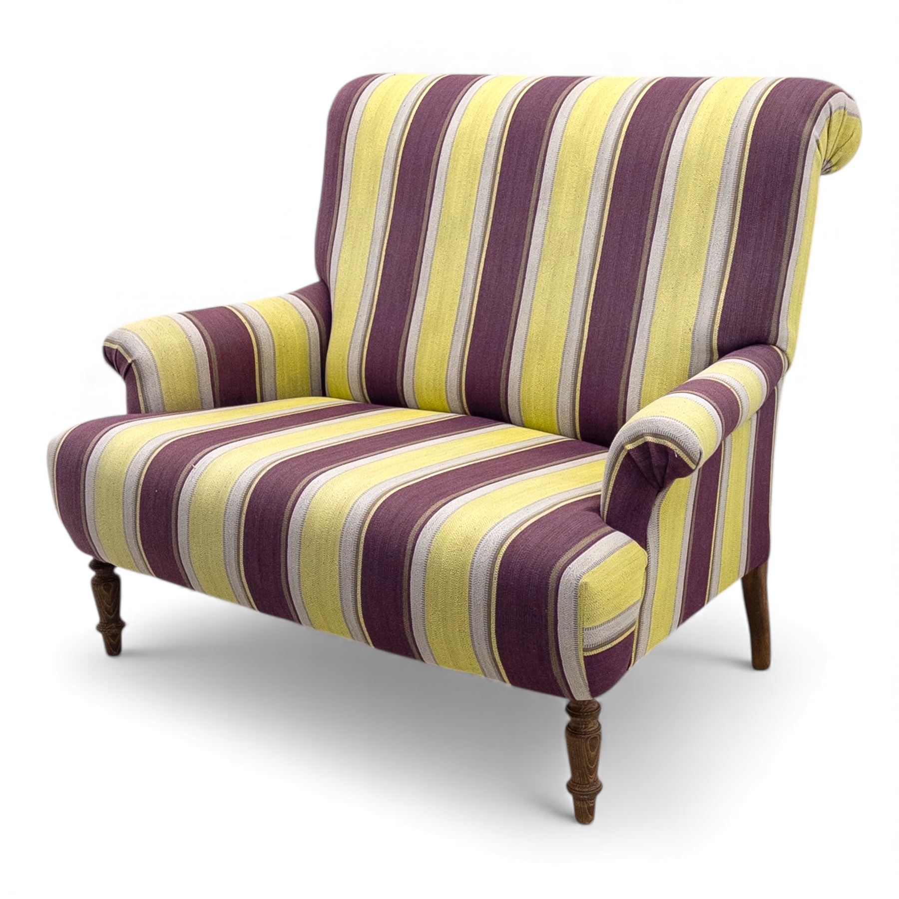 Sofa.com - ‘Jethou’ two seat sofa, upholstered in striped fabric of purple, yellow, and cream tones, with scroll arms and cushioned back, raised upon turned wooden front legs