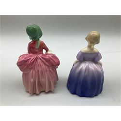 Group of figures, comprising six Royal Doulton examples, Daydreams HN1731, Silks and Ribbons HN2017, Tom Sawyer HN2926, Marie HN1370, Bo-Peep HN1811, and Tinkle Bell HN1677, together with a Dresden type 'lace' example, and a Coalport 'Swiss Cottage', (8)