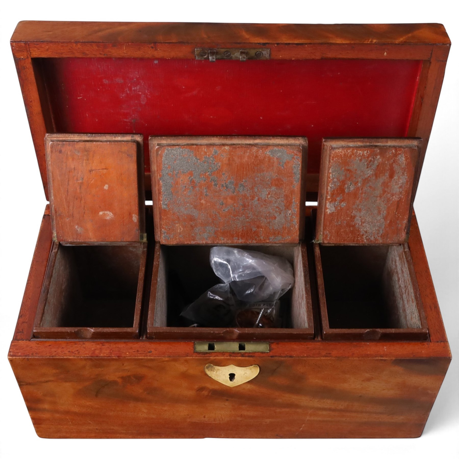 William IV figured mahogany tea caddy enclosing three hinge top lift-out compartments, together with 18th century mahogany tea caddy and circular mahogany coaster, William IV H15cm