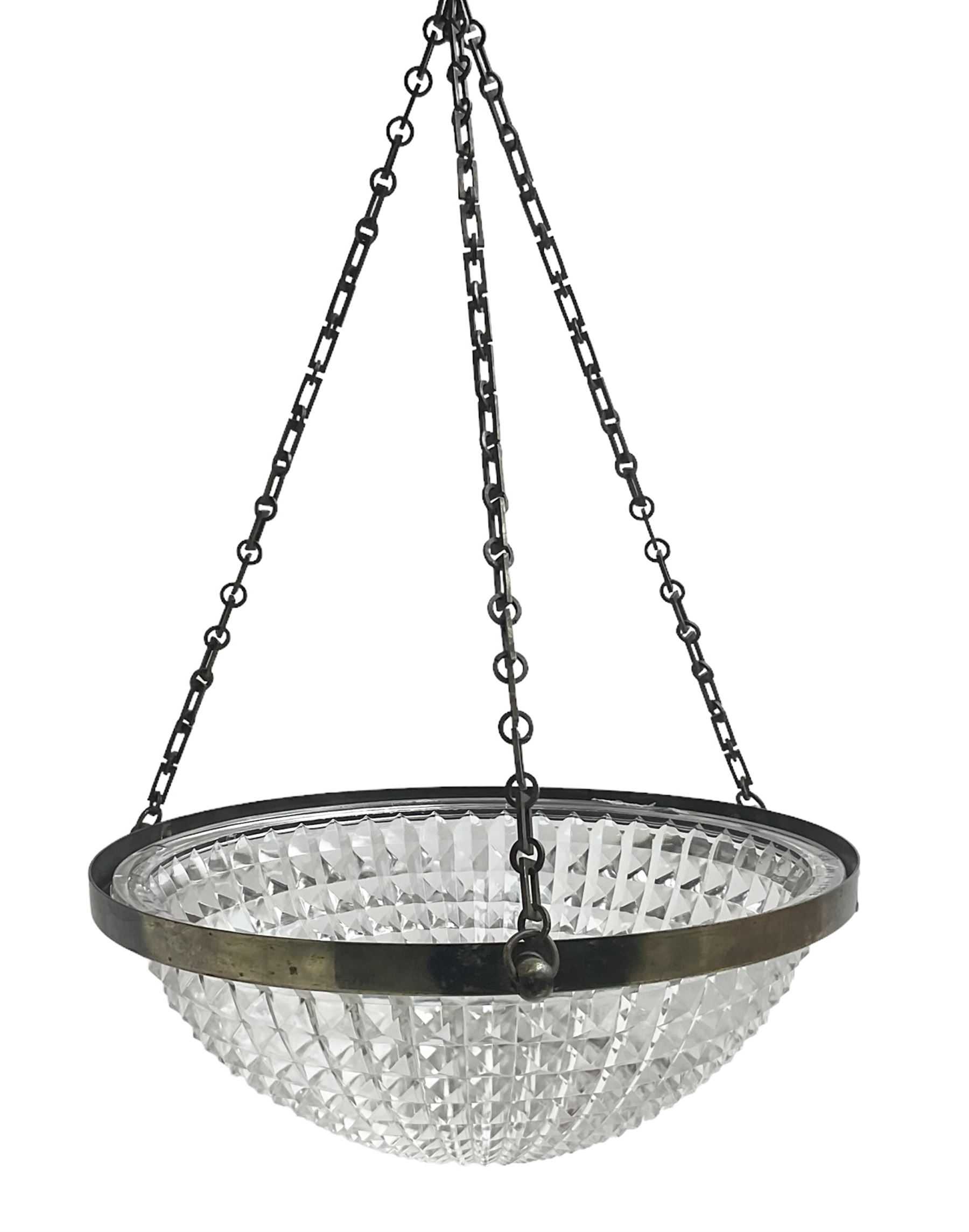 Edwardian glass holophane ceiling light, the domed bowl shade suspended in circular brass frame by three chains, stamped Crystal Bowl Holophane 8424, patent no 1796, 1910 on the inside rim, D35cm