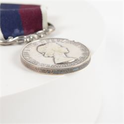 ERII RAF medal trio, Meritorious Service, Campaign Service, with Northern Island clasp, and Long Service, awarded to JJ Taylor (65082068) RAF together with AFCENT breast tab and police badges