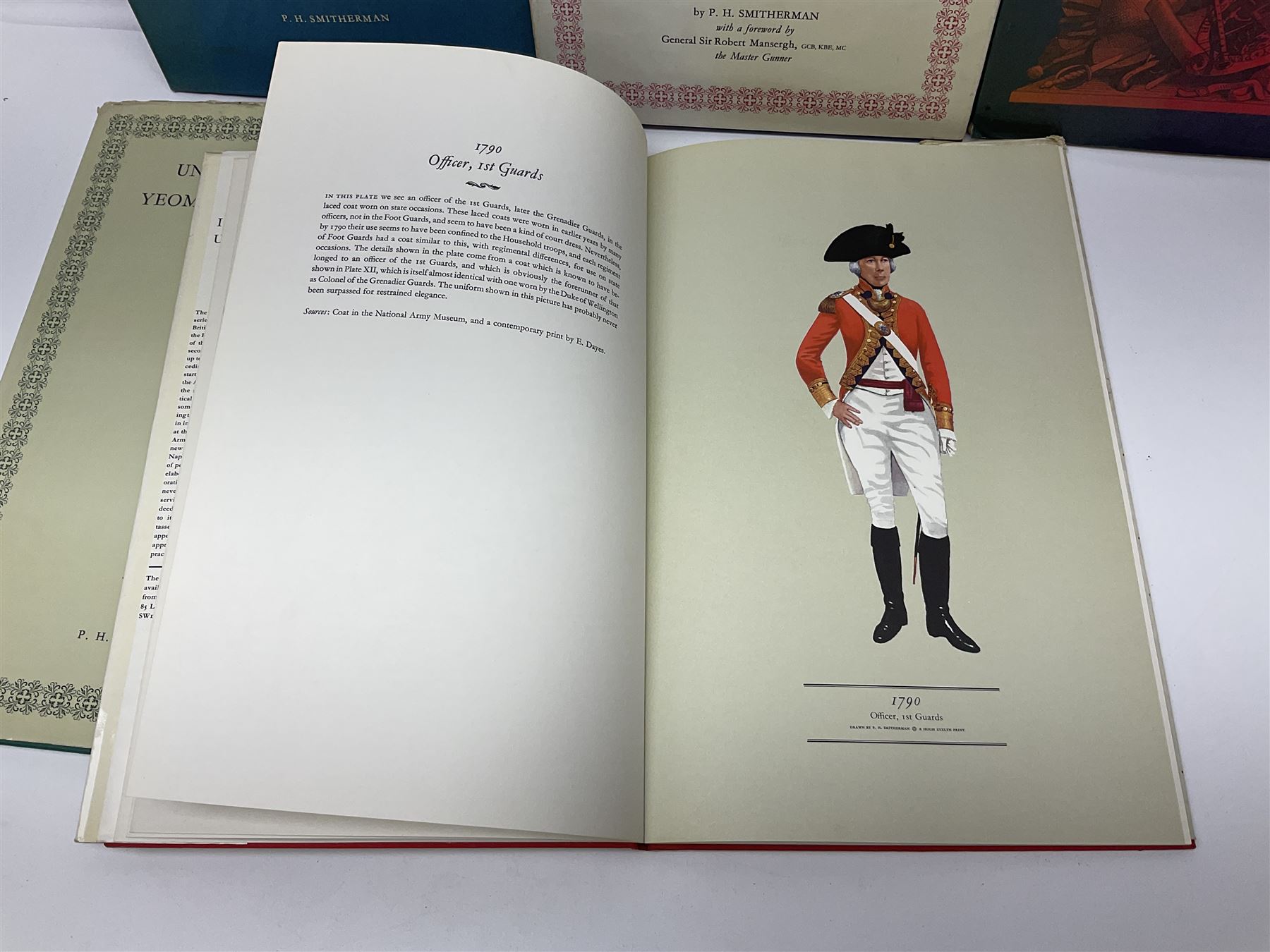 Set of six 1960s books on British Uniforms published by Hugh Evelyn London comprising Cavalry Uniforms of the British Army, Uniforms of the Royal Artillery, Uniforms of the Scottish Regiments, Uniforms of the Yeomanry Regiments and Infantry Uniforms of the British Army Series 1 & 2; all with dustjackets