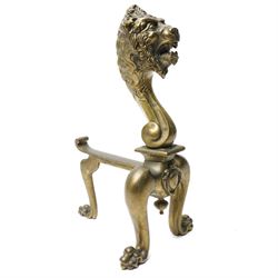 Pair of late 19th/early 20th century cast bronze fire dogs with lion masks and paw feet H37cm